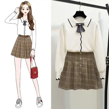 

2019 Autumn Winter Fresh Lapel Knitted Tops Bottom Shirt Plaid Skirt Two Pieces Set Wearing Half-length Skirt Two Pieces Suits