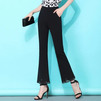 

Fashion Elastic Waist Flare Pant Women Lace Patchwork Ankle-length Pants Female Spring Summer Slim Fit Trousers Black Plus Size