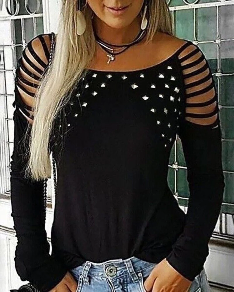 Women Rivet Sequins Cold Shoulder Shirts Fashion Ladies Long Sleeve Hollow Out Blouse Female Solid Pullovers Top Plus Size 5XL