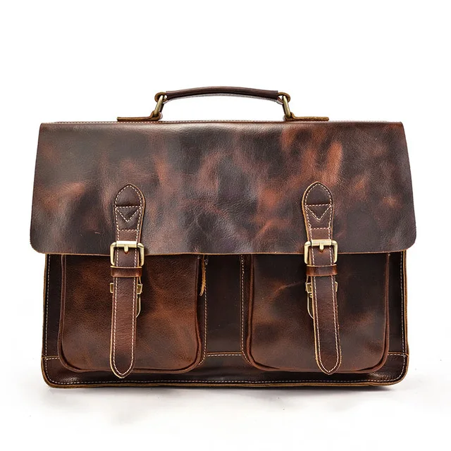 Dark Brown Unisex Large Leather Travel Laptop Bags Briefcase