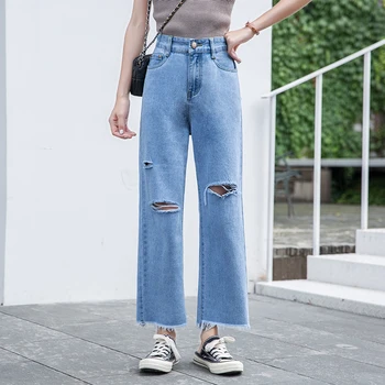 

Hole Denim wide leg pants new loose retro blue casual straight trousers 2019 autumn and winter high waisted ripped jeans woman