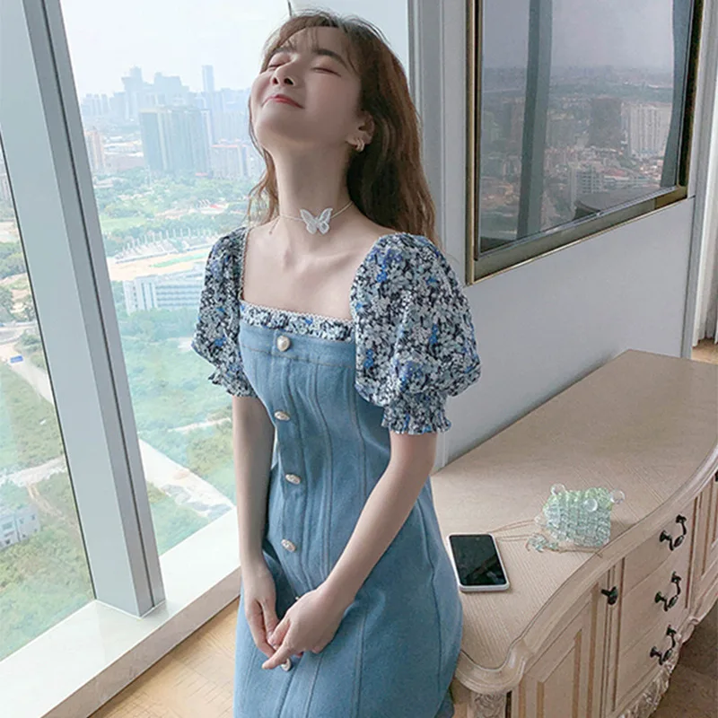 Женское короткое джинсовое платье во французском стиле летнее шифоновое в ретро