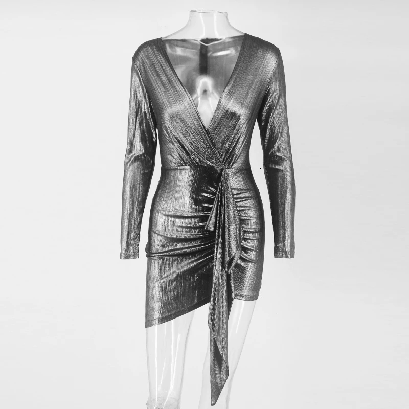 Dressmecb осеннее атласное сексуальное платье для женщин глубокий v-образный вырез с рюшами блестящие облегающие платья с длинным рукавом драпированные тонкие Клубные вечерние платья