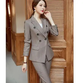 

Professional women apricot stripe pant suit jacket And trousers 2 Piece sets office lady business career interview work wear set