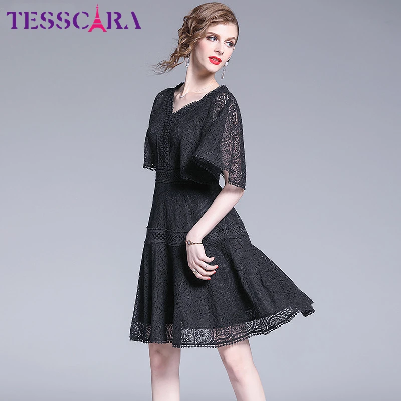 Женское кружевное платье TESSCARA черное с треугольным вырезом для вечеринки на