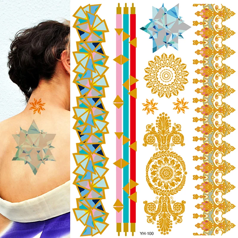 Maryanne Jones Donker worden Sada 1 Vel Flash Tattoo Boho Metallic Gouden Driehoek Blauw Shimmering Sieraden  Festival Tijdelijke Tattoos|Tijdelijke tatoeages| - AliExpress