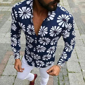 

2019 Men Shirt Flower Number Printing Long Sleeve Slim Fit Shirt Streetwear Hawaiian Dress Shirts Camisa Social Masculina