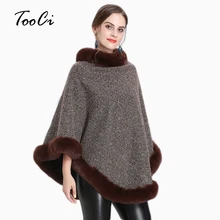 Женские кейпы пончо Осень и зима искусственный Лисий мех хаки шаль вязаный треугольный меховой свитер плюс размер пуловер пальто меховой для шеи