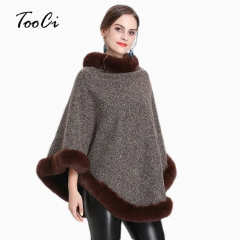 

New Spring Women Capes Poncho Faux Fox Fur Khaki Shawl Knitted Triangle Fur Sweater Plus Size Pullover Coat Fur Neck