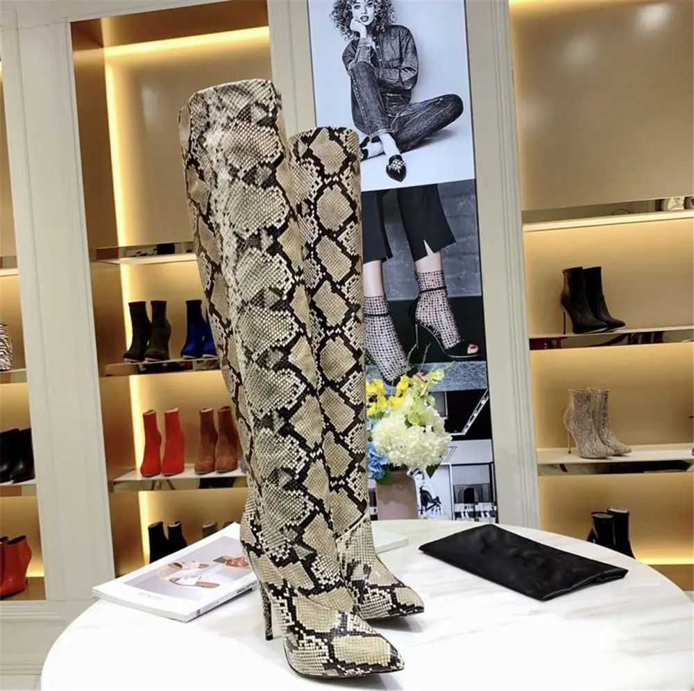 

Chueyz Female Genuine Leather Over-The-Knee Boots Shoes Women Thin High Heels Boots Snake Pattern Winter Casual Boots Size35-41