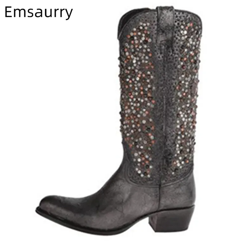 

Grey Boots Woman Decor Colorful Rivets Point Toe Med Square Heel Ladies Party Bottes Comfy Plus Size 2019 Riding Boots Woman 42