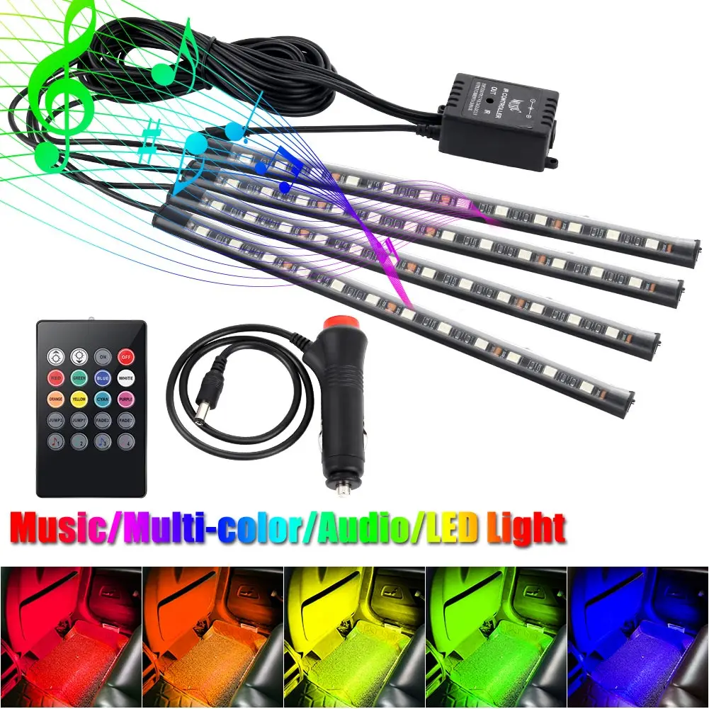 

Wholesale 4Pcs Car Atmosphere Lamp With Remote Control RGB LED Strip Lights Auto Decoration Cars Interior Music Rhythm Light V6