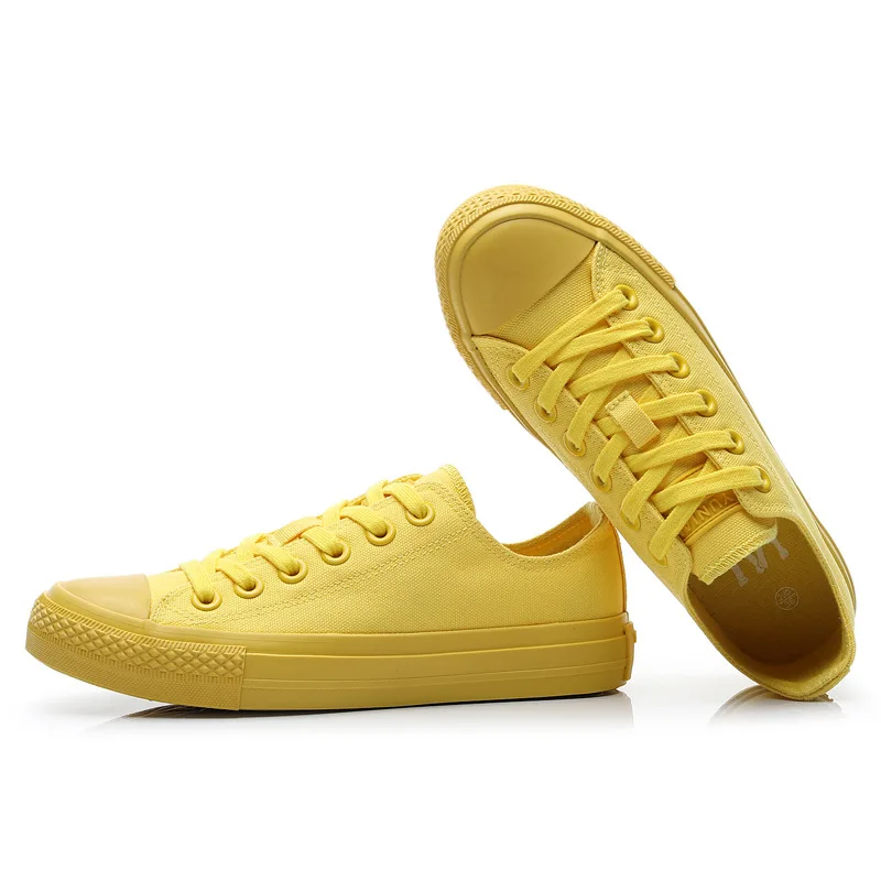 Белые кроссовки для девочек; лимонно-желтая парусиновая обувь; хорошее качество; противоскользящие черные вулканизированные туфли; Низкие кроссовки на плоской подошве со шнуровкой