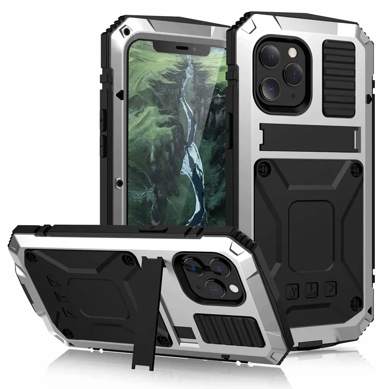 Tempered glass Kickstand Case iPhone 12 11 Pro Max XS Max XR X Shockproof 360 Full Body Protective Metal Cover For iPhone 12Mini