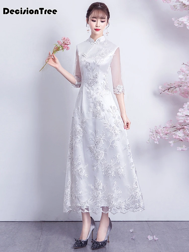 Чисто белое китайское традиционное платье женское шелковое атласное cheongsam винтажное qipao кружевное длинное китайское свадебное платье