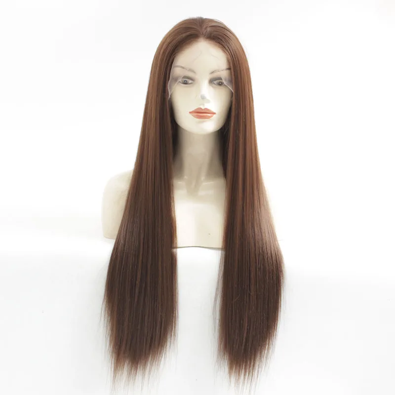 60 см 2" парик фронта шнурка натуральный черный длинный прямой синтетический полный парик Средняя часть для женщин косплей костюм вечерние - Цвет: Medium brown color