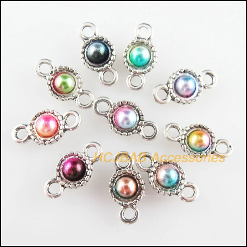 

30 New Round Charms Mixed Acrylic Flower Connectors Tibetan Silver Tone 6.5x13.5mm