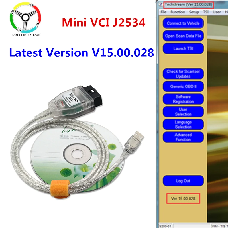 Новейший V15.00.028 MINI VCI J2534 для TOYOTA OBD2 Диагностический кабель FTDI FT232RL чип TIS Techstream MINI-VCI