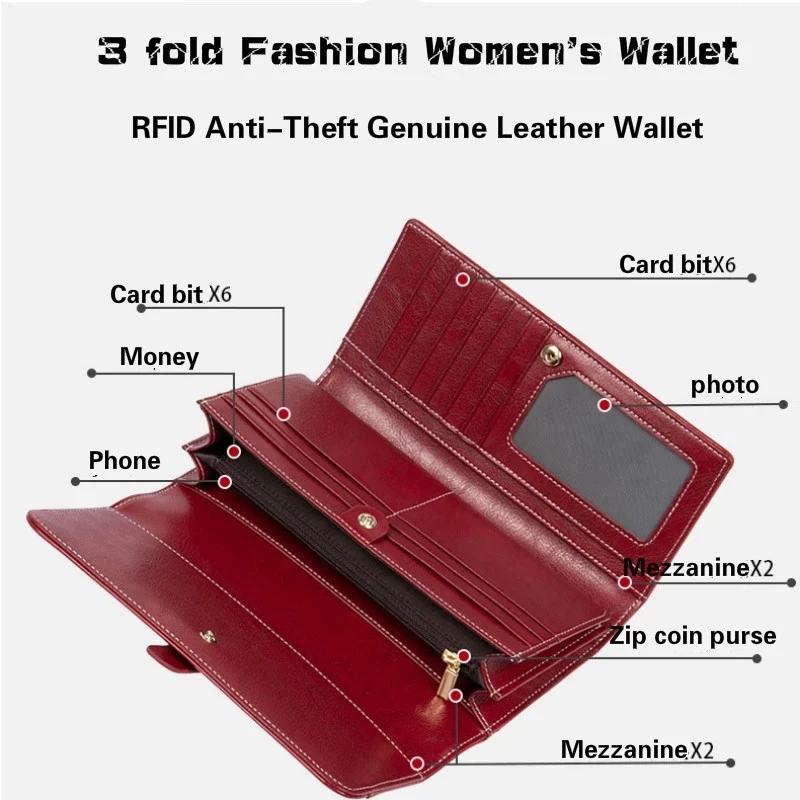 Fashion Luxury Female Genuine Leather Wallet Women Long Anti Theft RFID Wallets Credit Card Holder Purse Woman Clutch Bag