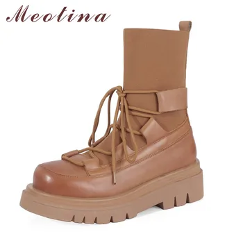 

Meotina Genuine Leather Platform High Heel Short Boots Women Shoes Round Toe Lace Up Block Heels Ankle Boots Autumn Brown 34 -40