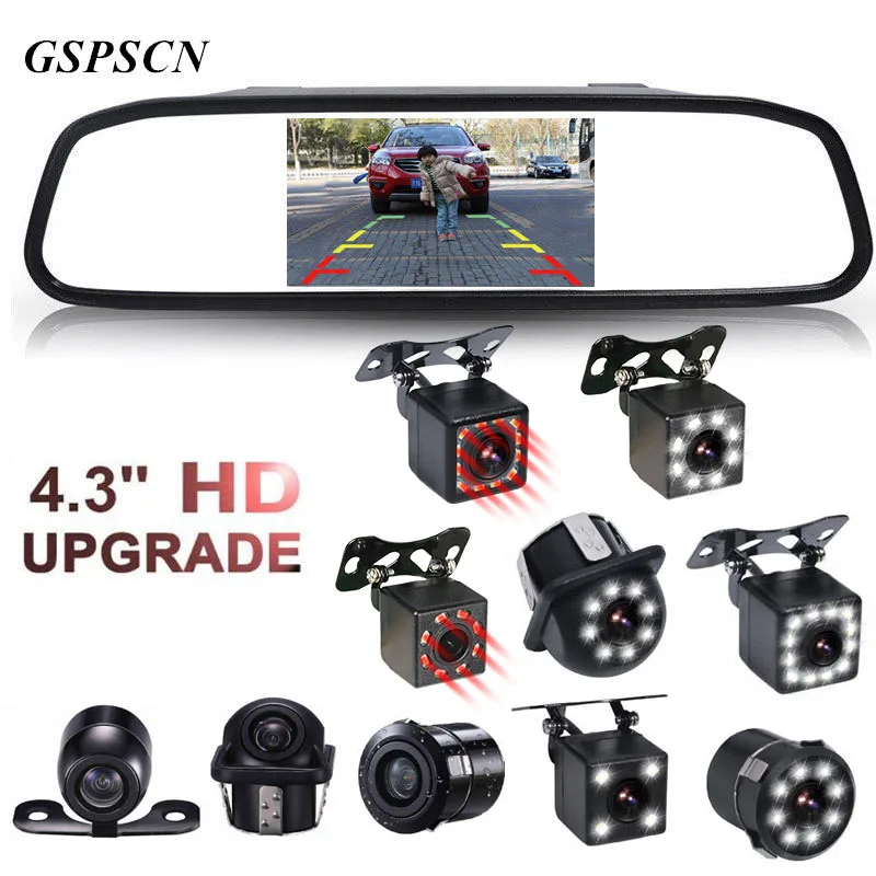 Comprar GSPSCN 4,3 pulgadas coche HD espejo retrovisor Monitor CCD Video Auto estacionamiento asistencia LED visión infrarroja marcha atrás cámara de visión trasera