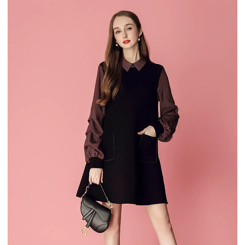 

Europe And America WOMEN'S Dress 2019 Spring New Style Elegant Fold-down Collar Pattern Lantern Sleeve Joint A- line Mock Two-Pi