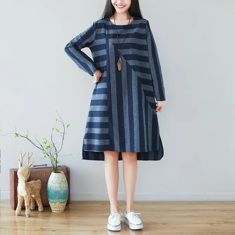 

2019 Spring New Style Retro Loose And Plus-sized WOMEN'S Dress Literature And Art Stripes Cotton Linen Long-sleeved Dress Women'