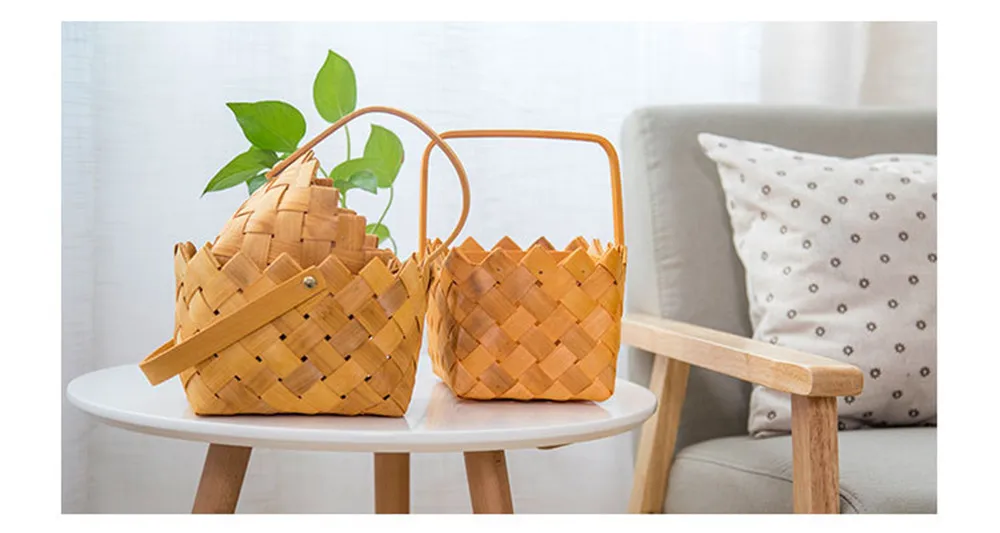 Wood Weaving Storage Basket with Handle Nordic Ins Pastoral Picnic Bread Food Fruit Cosmetic Towel Storage Basket Home Organizer