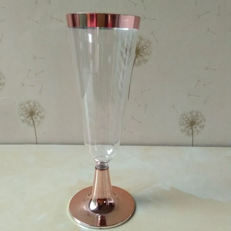 24Pcs 150 Ml Plastic Rose Gold Rimmed Clear Hard Disposable Party Wedding Cups Premium Fancy Champagne Glasses Flutes