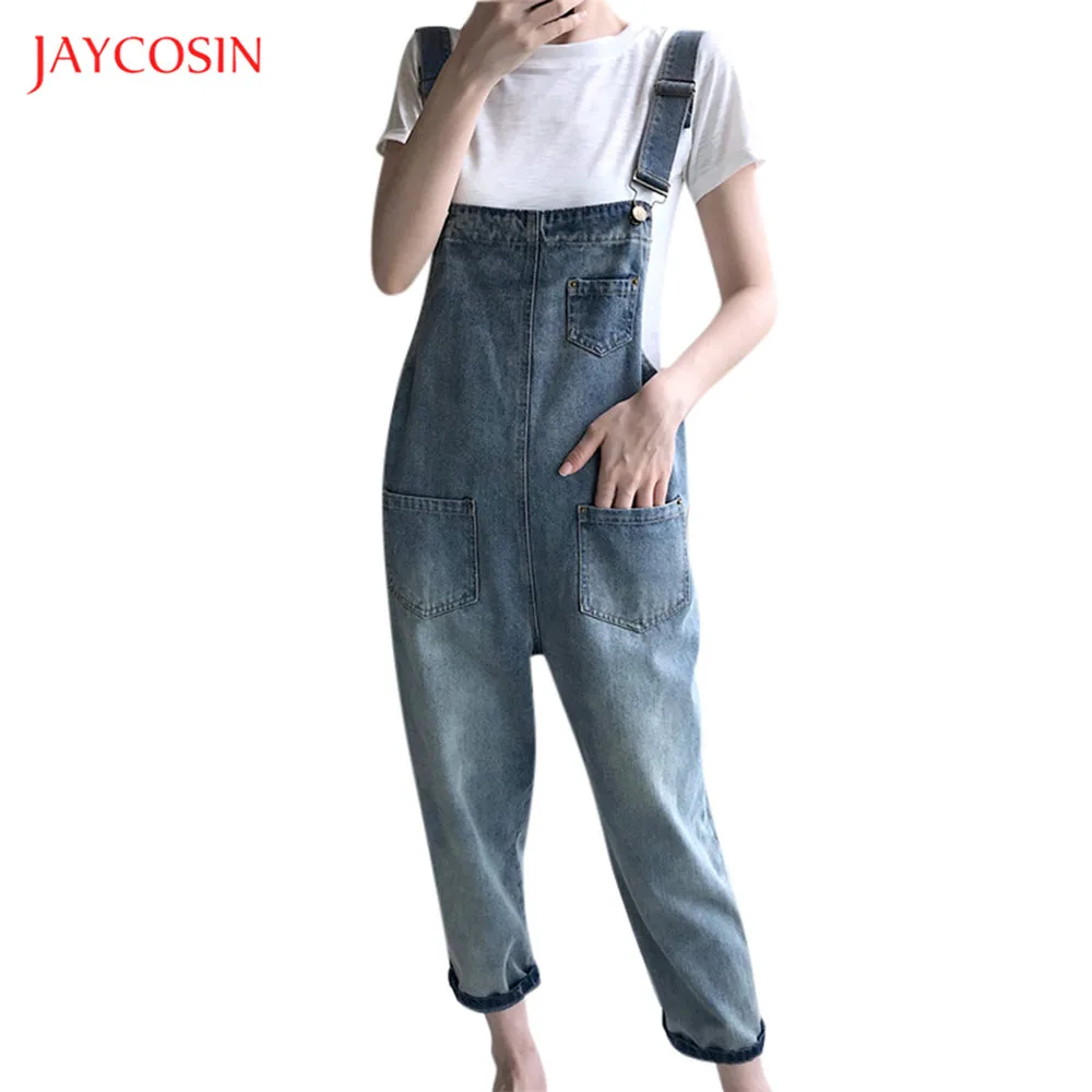 Jaycosin, Модный женский комбинезон, Повседневный, свободный, без рукавов, на тонких лямках, однотонный, промытый, джинсовый, длинный, комбинезон с карманом