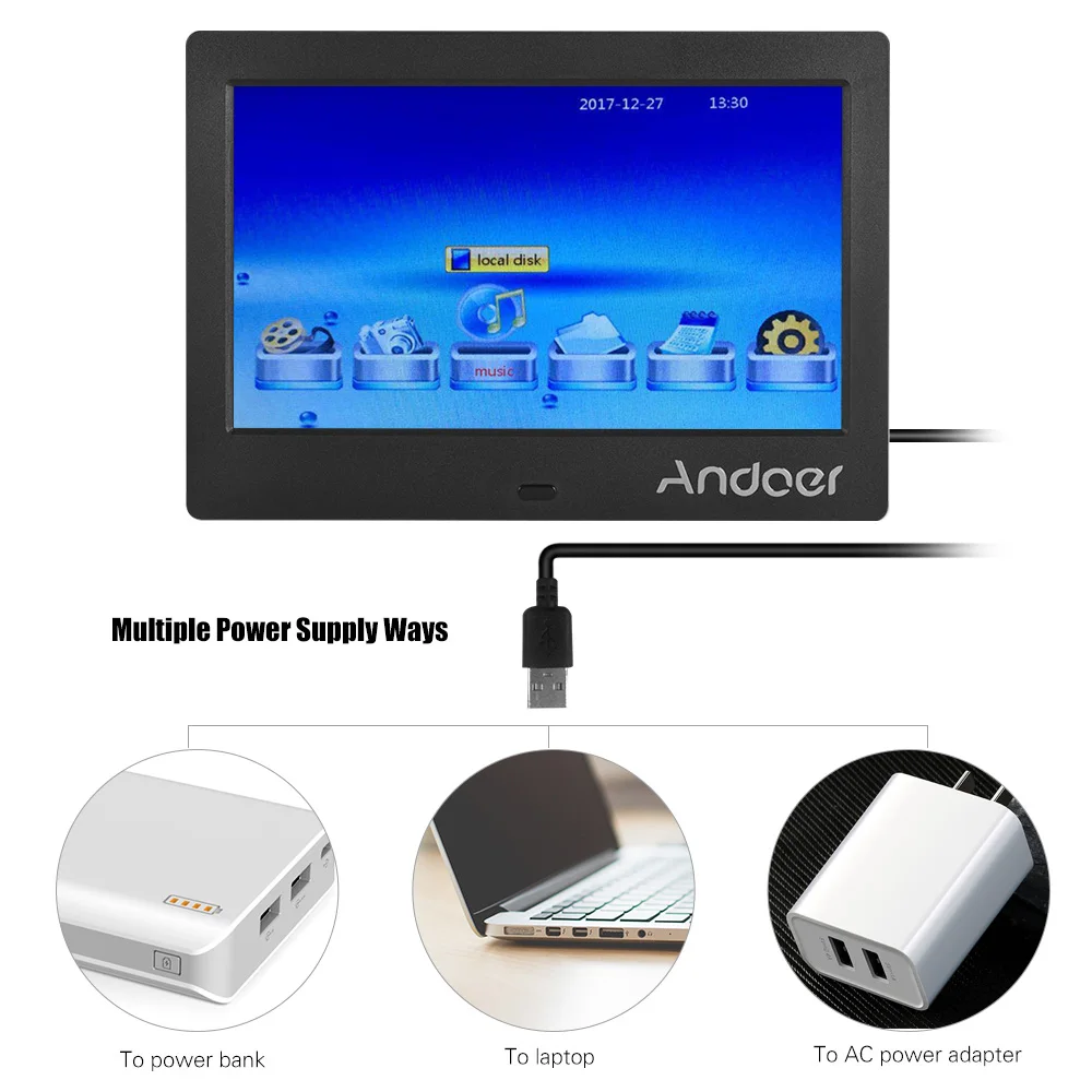 Andoer " ips HD экран 1024*600 цифровая фоторамка Музыка Видео Воспроизведение Часы Будильник Календарь несколько языков дистанционное управление