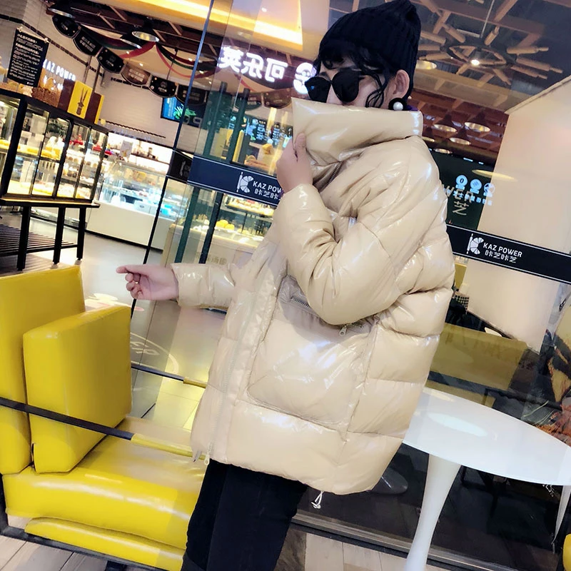 Зимняя теплая Глянцевая куртка, лакированный пуховик, женские парки в стиле хип-хоп, Женское пальто размера плюс, верхняя одежда, корейское модное пальто