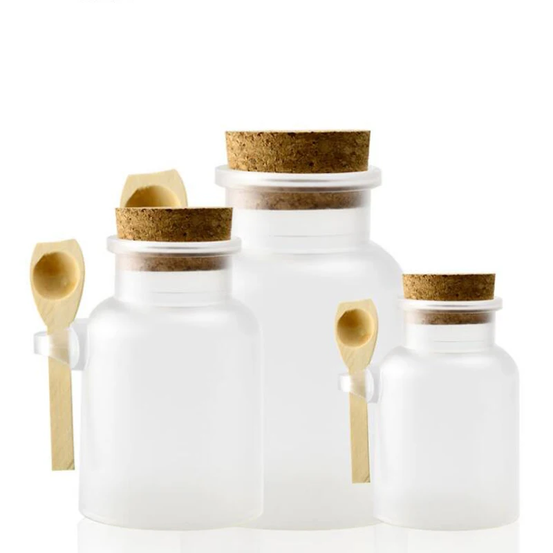

Plastic Empty Bath Salt Bottle Cream Powder Jar Container with Cork Spoon Refillable Empty Bottle 100ml 200ml 300ml 500ml