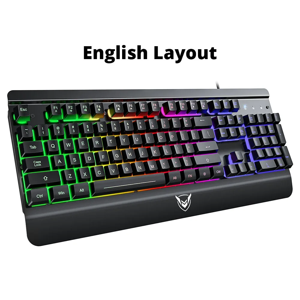 English Layout Игровая клавиатура PICTEK PC268, проводная USB мембранная клавиатура с RGB подсветкой, с подставкой для запястья, 104, колпачки для ПК, компьютера, русская наклейка - Цвет: English Layout