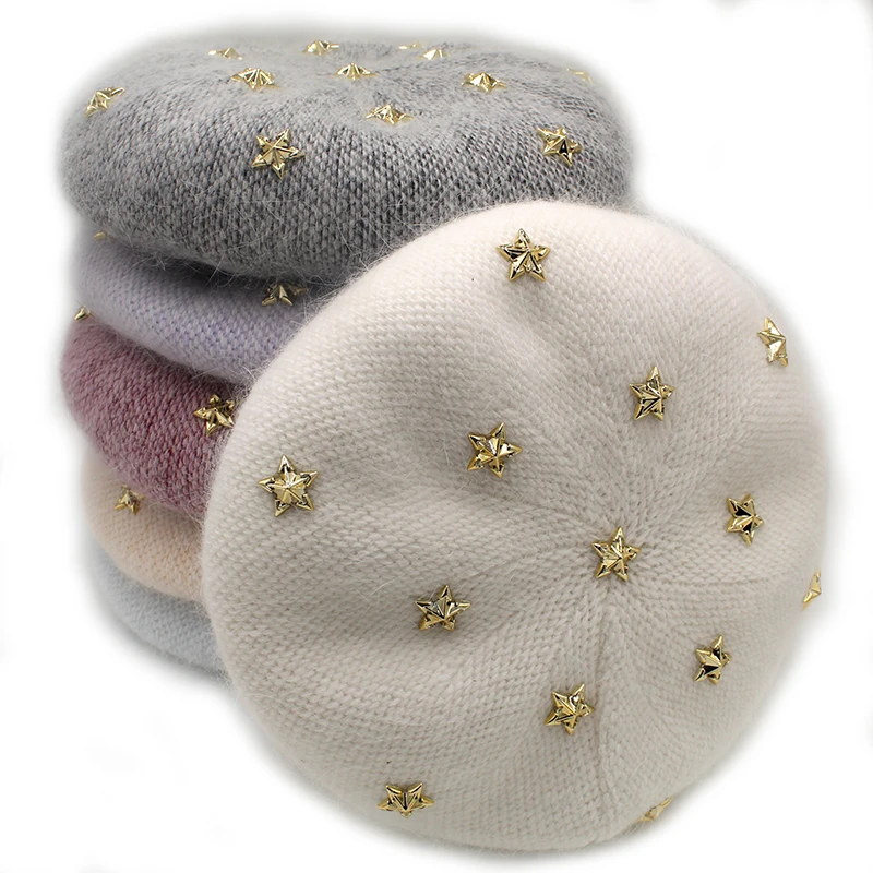 

[Onidfurow] Fashion New Women Angora rabbit Solid Color Beret Female Bonnet Caps Winter All Matched Warm Walking Hat with stars