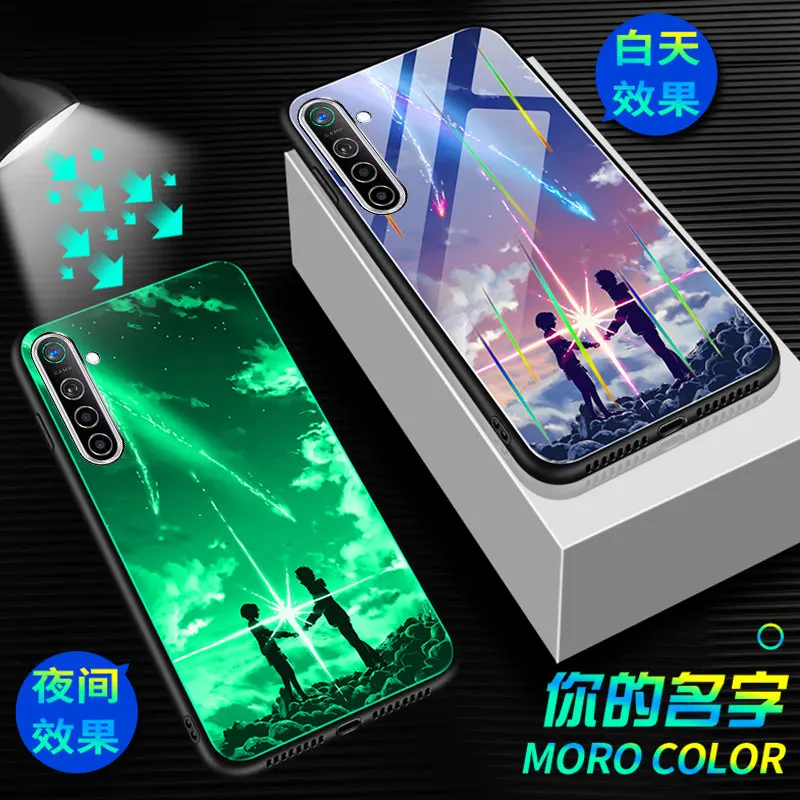 Светящийся чехол для телефона Oppo Realme X2, чехол, 6,4 дюймов, светящаяся задняя крышка из закаленного стекла для Oppo Realme X2, силиконовый чехол