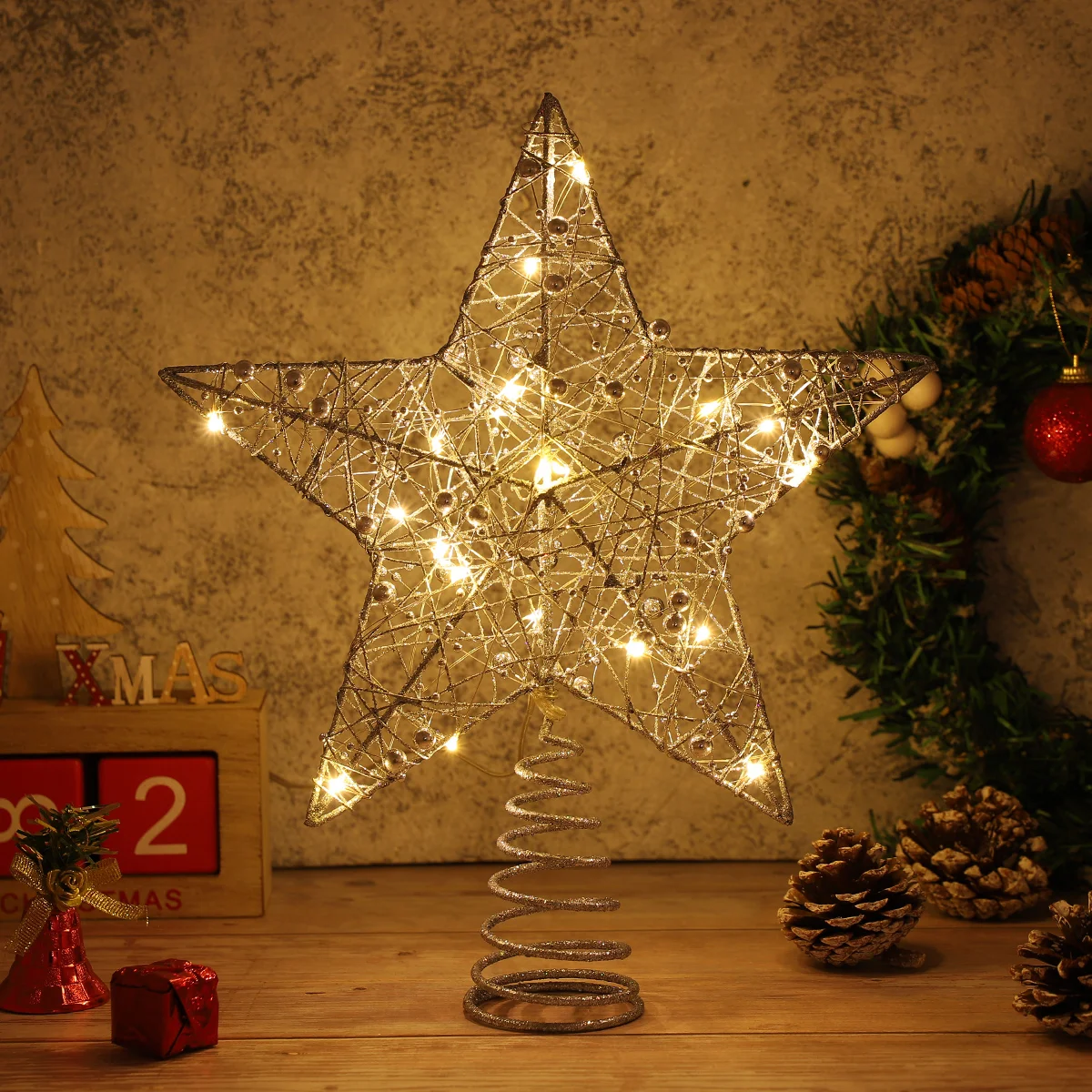 STOBOK Navidad Estrella del árbol de Topper Plata para la decoración del árbol de Navidad 25 x 30 cm 