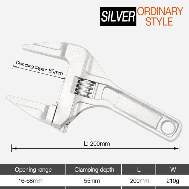 DTBD Multi-function Short Handle Universal Wrench Large Opening Bathroom Pipe Wrench  Adjustable Aluminum Alloy Repair Tool Silver Ordinary