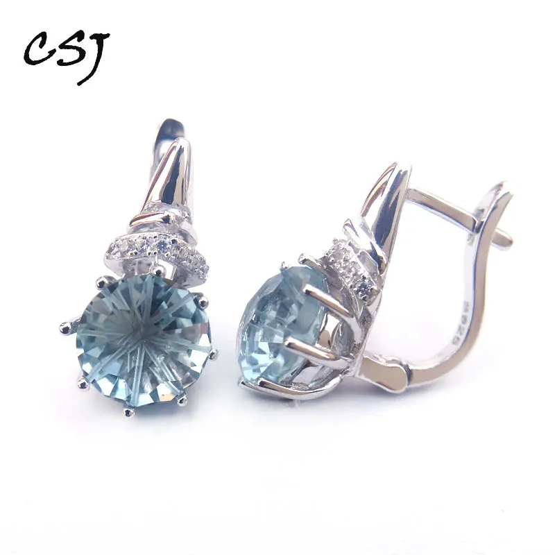 blue topaz quartz CSJ, голубой топаз, кварц, драгоценный камень, благородные хорошие серьги, Стерлинговое Серебро 925 пробы, круглые карат, Футбольная огранка, хорошее ювелирное изделие для женщин, подарок для девушек - Цвет камня: blue topaz quartz