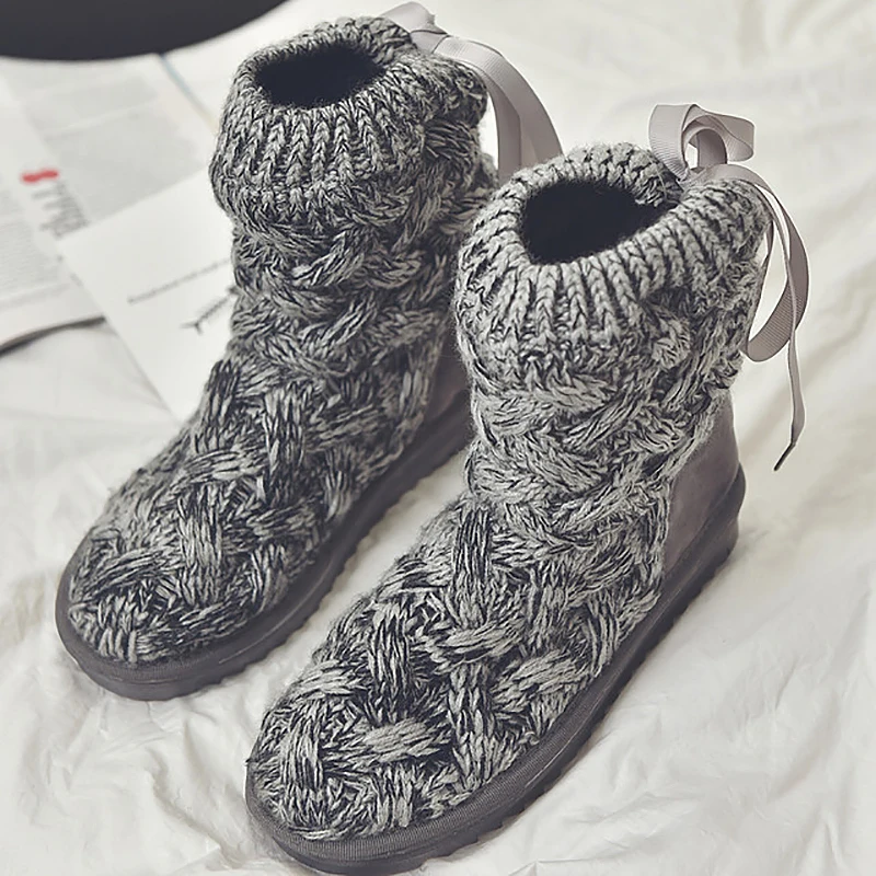 

New Design Knit Wool Thread Boots Woman Fashion Light Warm Snow Boots Winter High Top Gray Comfortable Flat Women Cotton Shoes