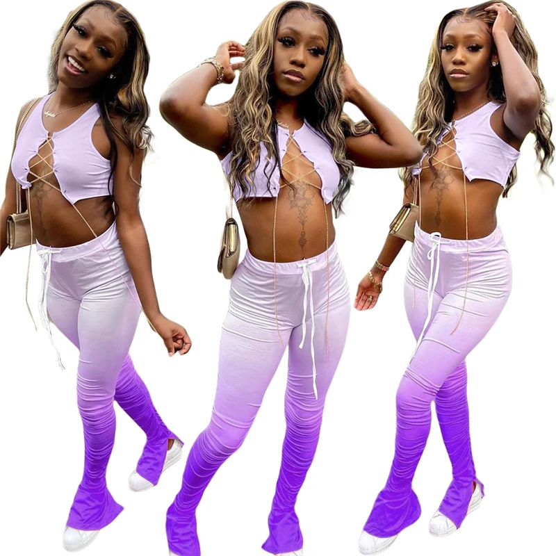 Adogirl Changing Color Two Piece Set Metal Chain Straps Sleeveless Crop Top Ruched Split Flare Pants Women Tracksuit Outfits