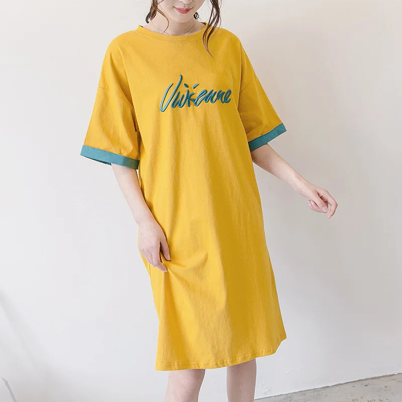 

8953 Postpartum Nursing Clothing Nursing Summer Wear Short Sleeve Nursing Dress Loose-Fit Mid-length T-shirt Dress Nursing Cloth