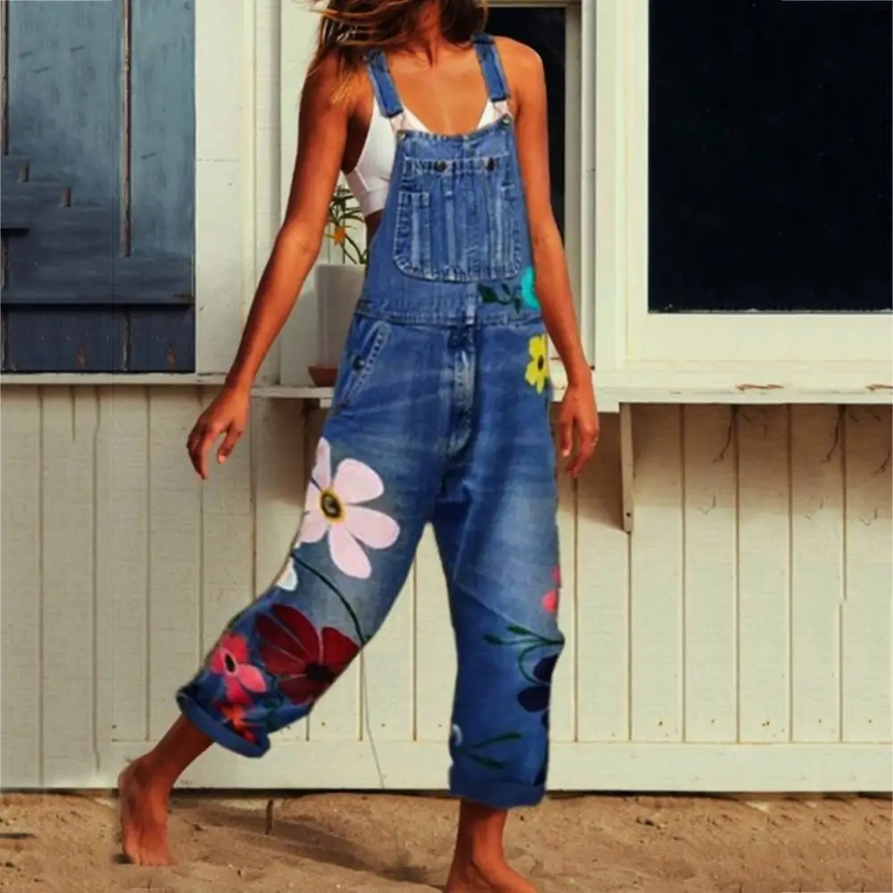 Women Jumpsuit Denim Suspender Ladies Playsuit Floral Print Pockets Rompers High Waist Long Playsuit Streetwear Fashion Overalls vintage denim cargo jumpsuit women autumn solid long sleeve buttons high waist pockets casual trends rompers hipster streetwear