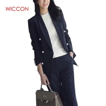 

Beading OL Workwear Fashion Pant Suits 2 Piece Set for Women Double Breasted Striped Tops& Trousers Office Lady Suit Feminino