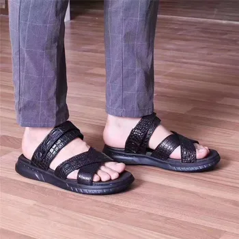 

Authentic Exotic Crocodile Skin Non-slip Rubble Sole Men's Casual Sandals Genuine Alligator Leather Male Two-way Slipper Shoes