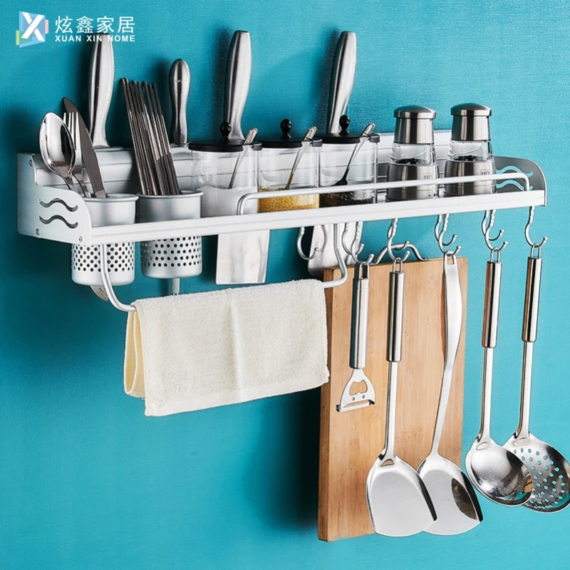 Kitchen Rack Wall Hanging Seasoning Multifunctional Space Aluminum Storage Knife Rack Kitchenware Pendant Hook Rack No Punching