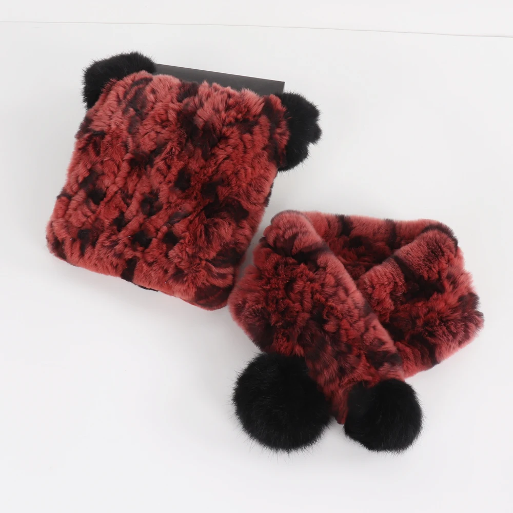 Winter Children Real Rex Rabbit Fur Scarf Hat Sets Knit Warm Child Natural Fur Scarves Hats Good Elastic Kid Real Caps