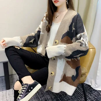 

Fashion Sweater Women 2020 Autumn Winter Color Block Mid-Length Cardigan Button Print Casual Loose Female Sweaters