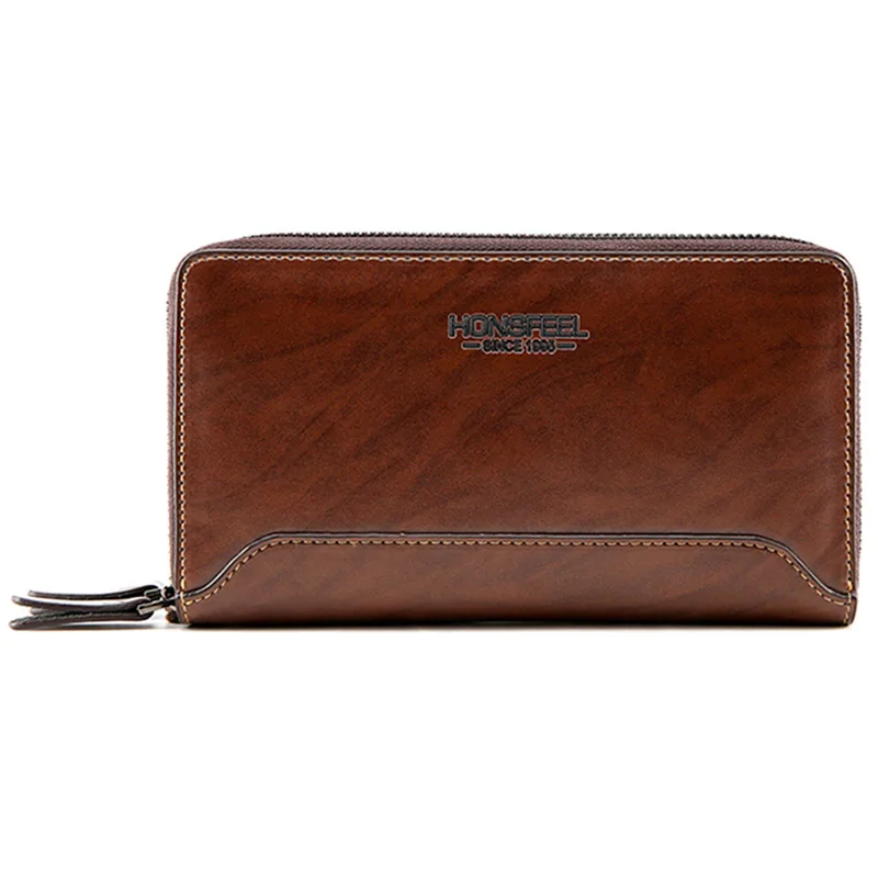 Коричневый Men's Wallets Casual Business Clutch Purses Double Zipper Design Men Clutch Wallet Pu Leather Solid Phone Case Money Bags Male - Цвет: Коричневый