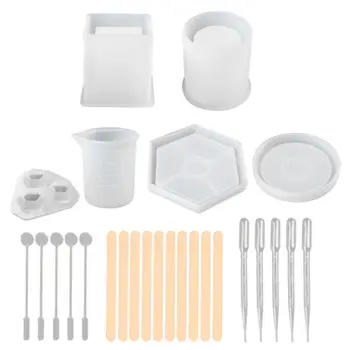 

1 Set Resin Crystal Epoxy Mold Pen Holder Coaster Pendant Casting Silicone Mould with Droppers Stirrers